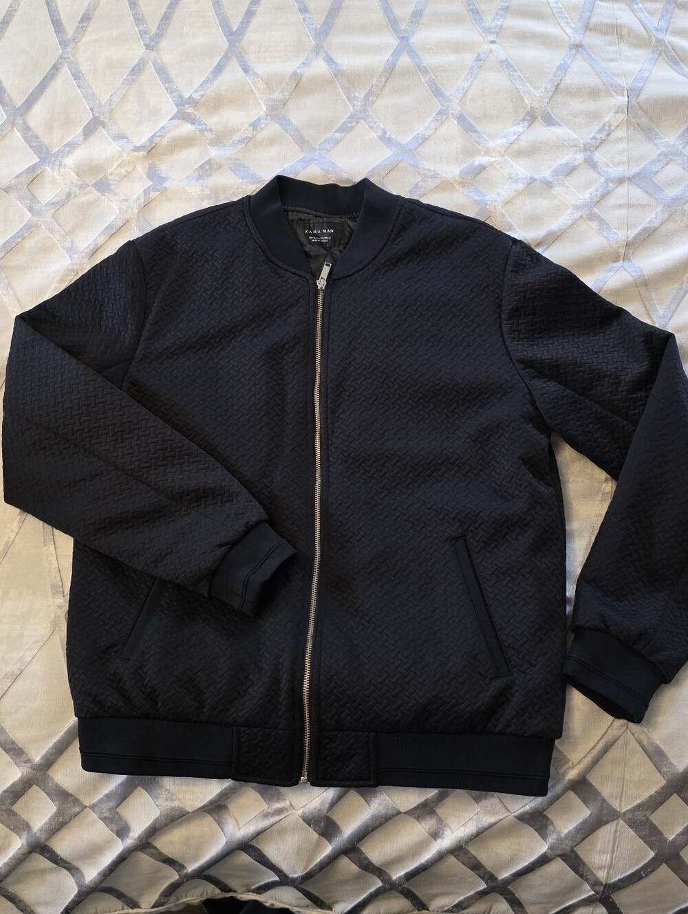 Zara Men Navy-Black Quilted Bomber Jacket